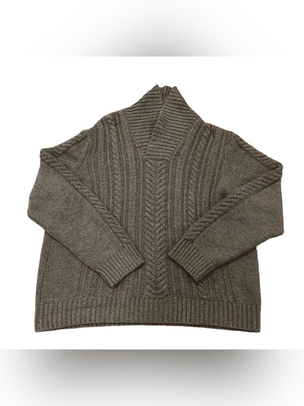 Vince Men’s Shawl Collar Fisherman Cable Knit Sweater Gray Wool XL Pullover